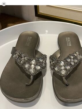 REACTION KENNETH COLE:  Silver Beaded Thong Sandals